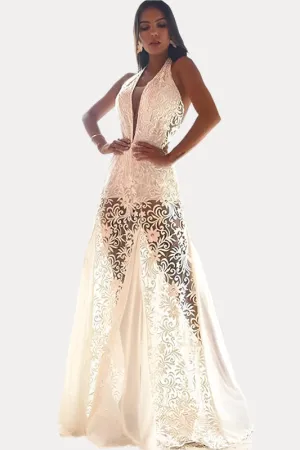 Long backless  white evening dress