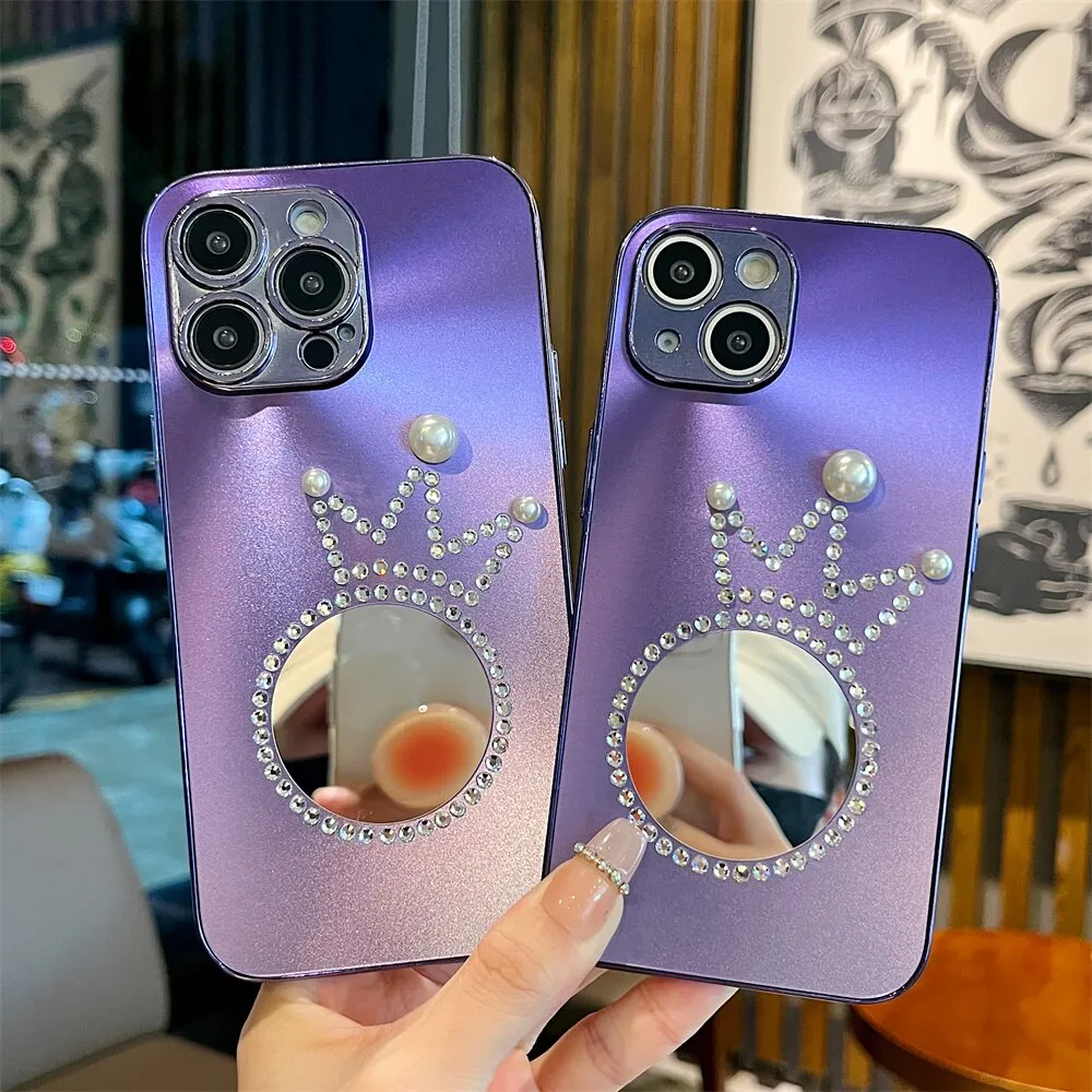 Luxury Glitter Diamond Crown Phone Case With Mirror For iPhone