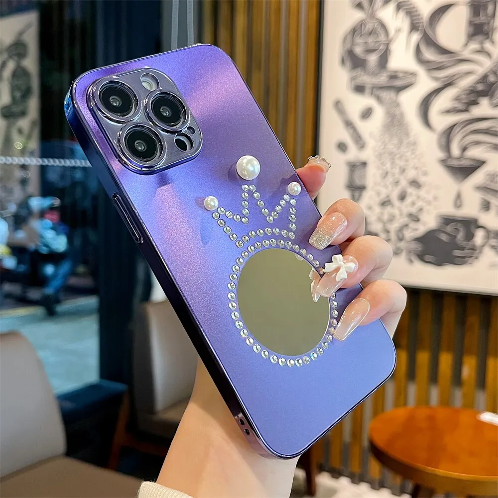 Luxury Glitter Diamond Crown Phone Case With Mirror For iPhone
