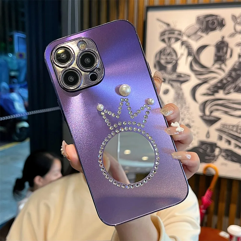 Luxury Glitter Diamond Crown Phone Case With Mirror For iPhone