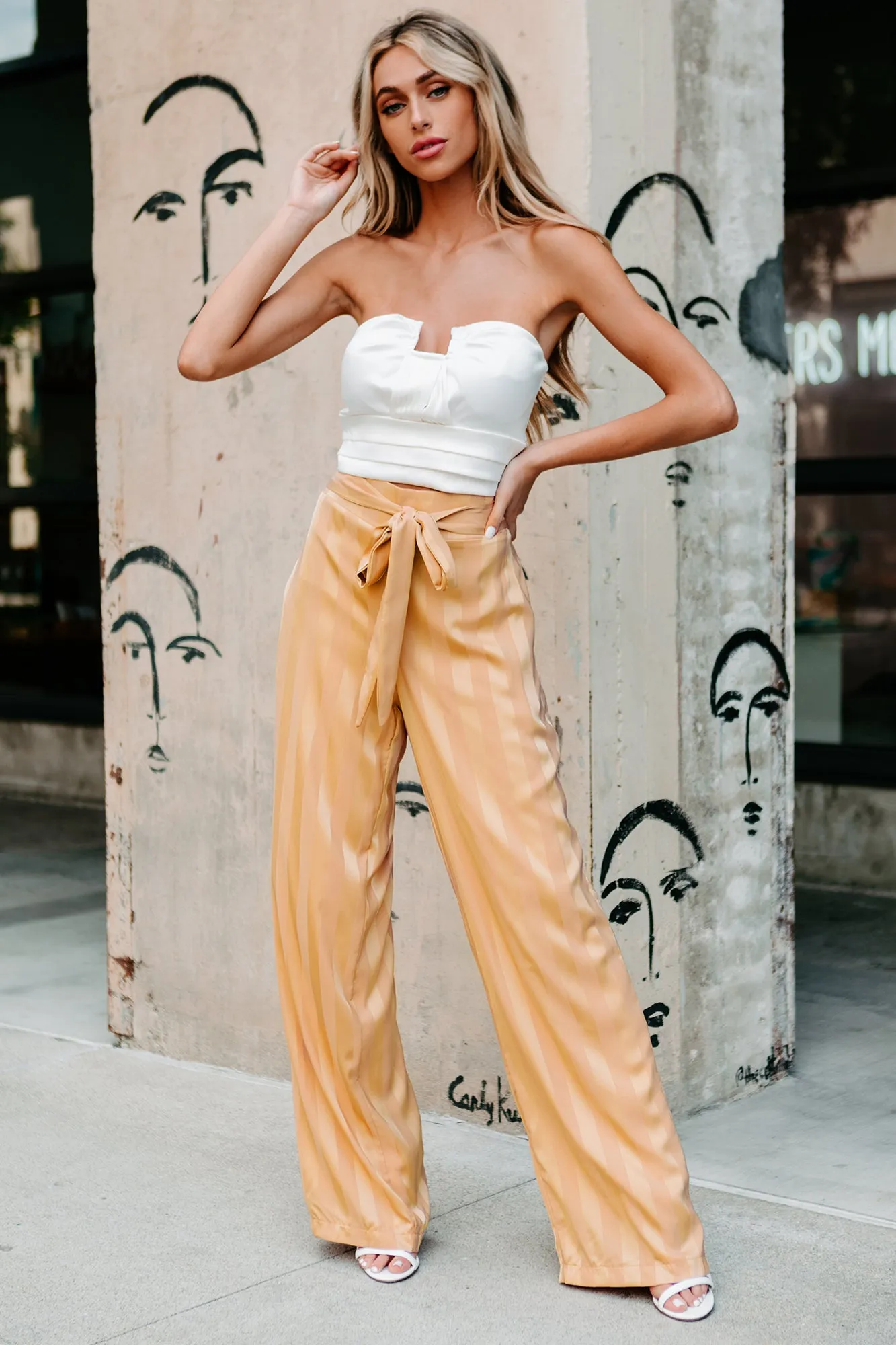 Mirage Satin Paper Bag Waist Wide-Leg Pants (Gold)