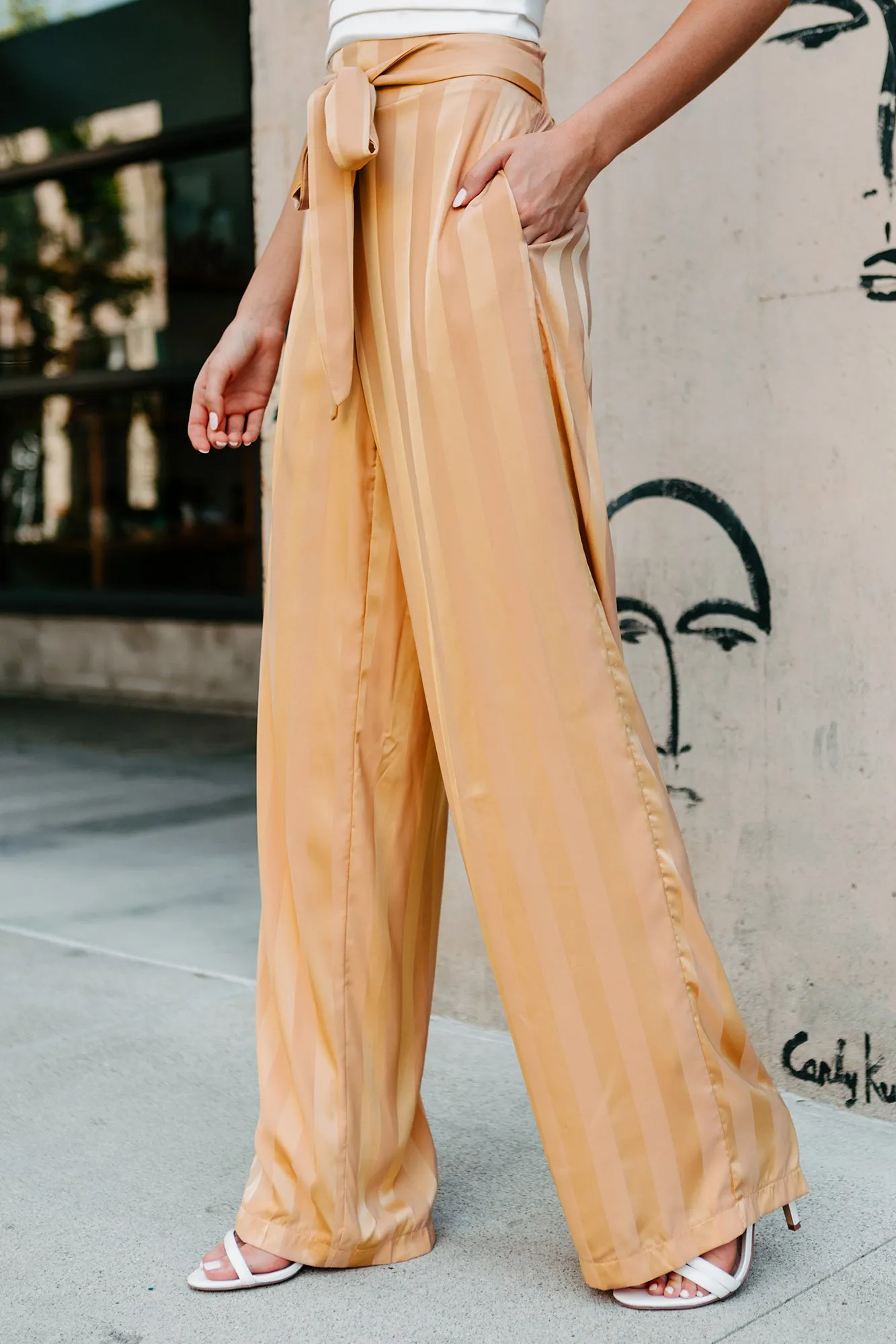 Mirage Satin Paper Bag Waist Wide-Leg Pants (Gold)