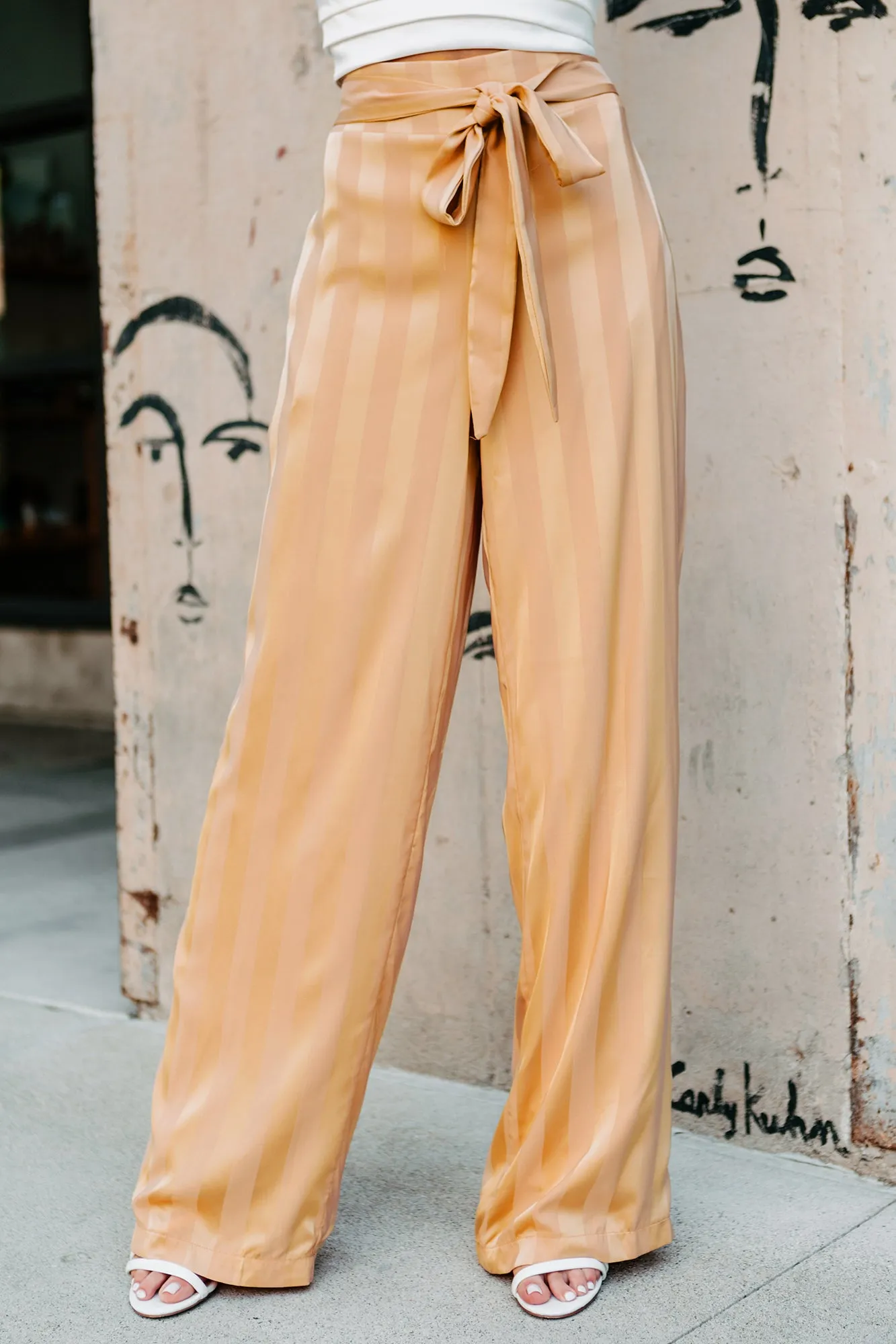 Mirage Satin Paper Bag Waist Wide-Leg Pants (Gold)