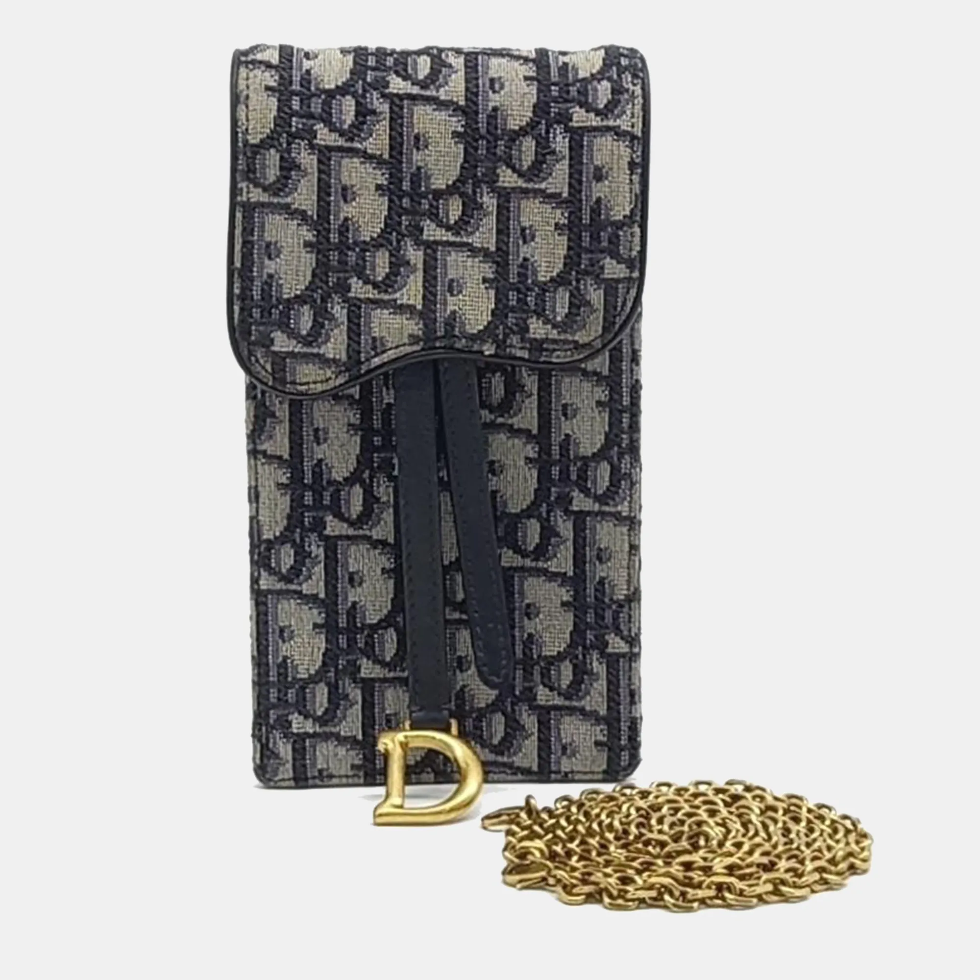 Navy Blue/Beige Oblique Canvas Saddle Vertical Crossbody Bag