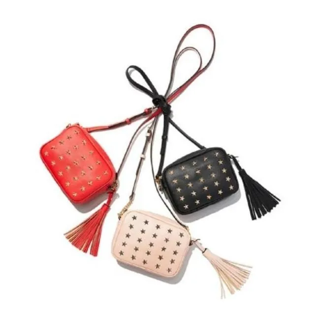 Neiman Marcus W Roz Camera Style Gunmetal Star Shaped Studs Pink Faux Leather Cross Body Bag