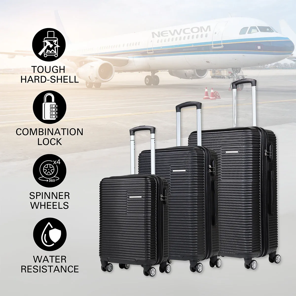 Newcom Hard Shell Trolley Suitcase 20/24/28" Set of 3 Black