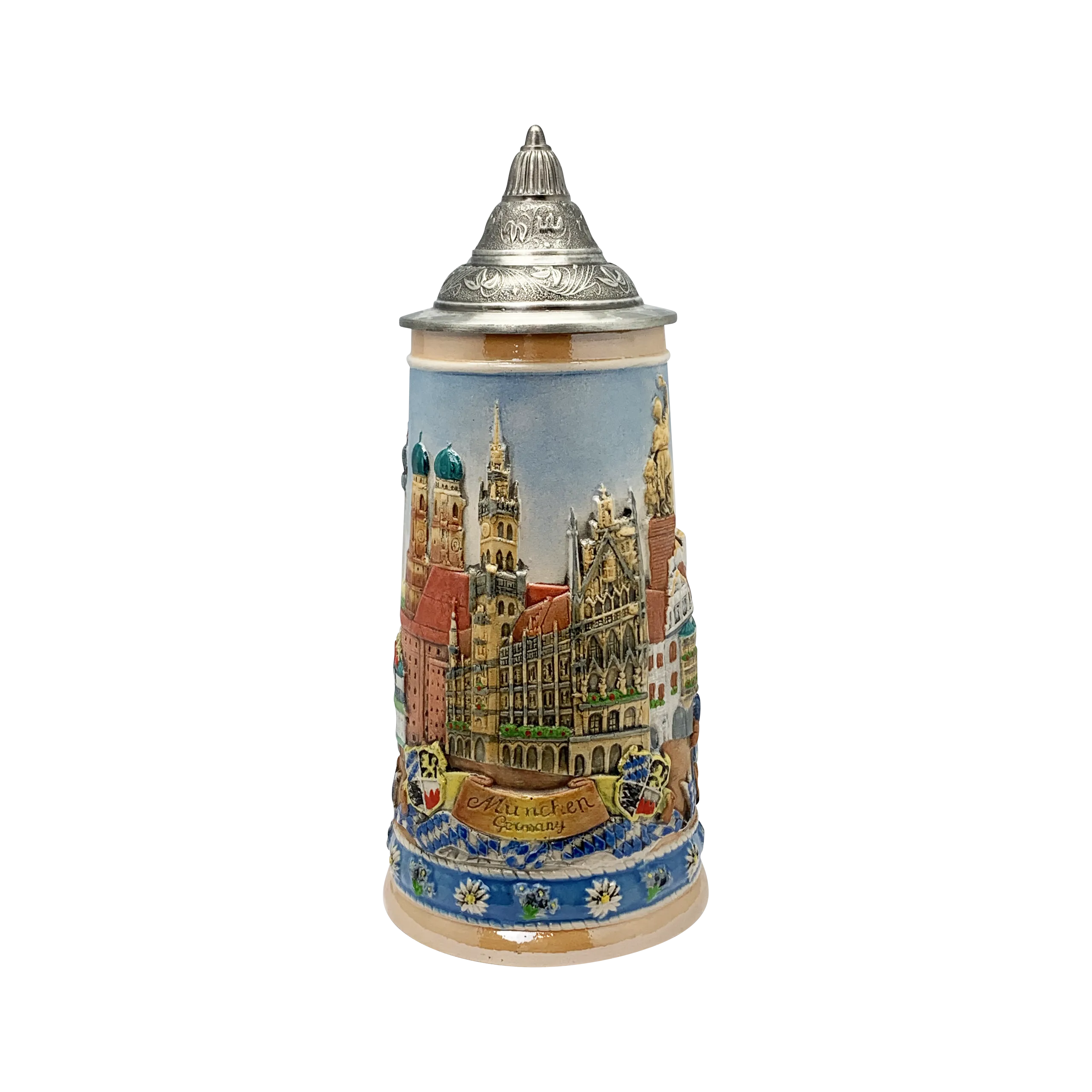 Oktoberfest & Edelweiss Deluxe Collectible Ceramic Beer Stein with Ornate Metal Lid