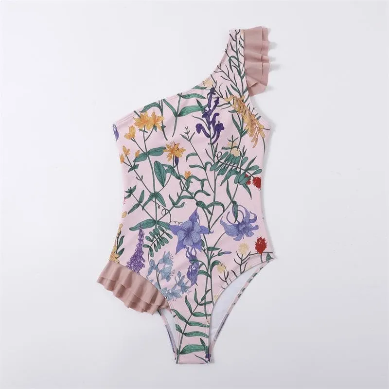 One shoulder ruffle contrast irregular one piece swimwear