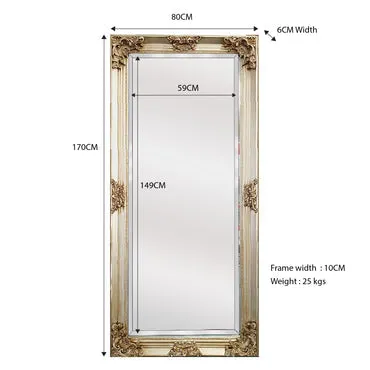 Ornate French Provincial Wall Mirror, 90x170cm, Champagne