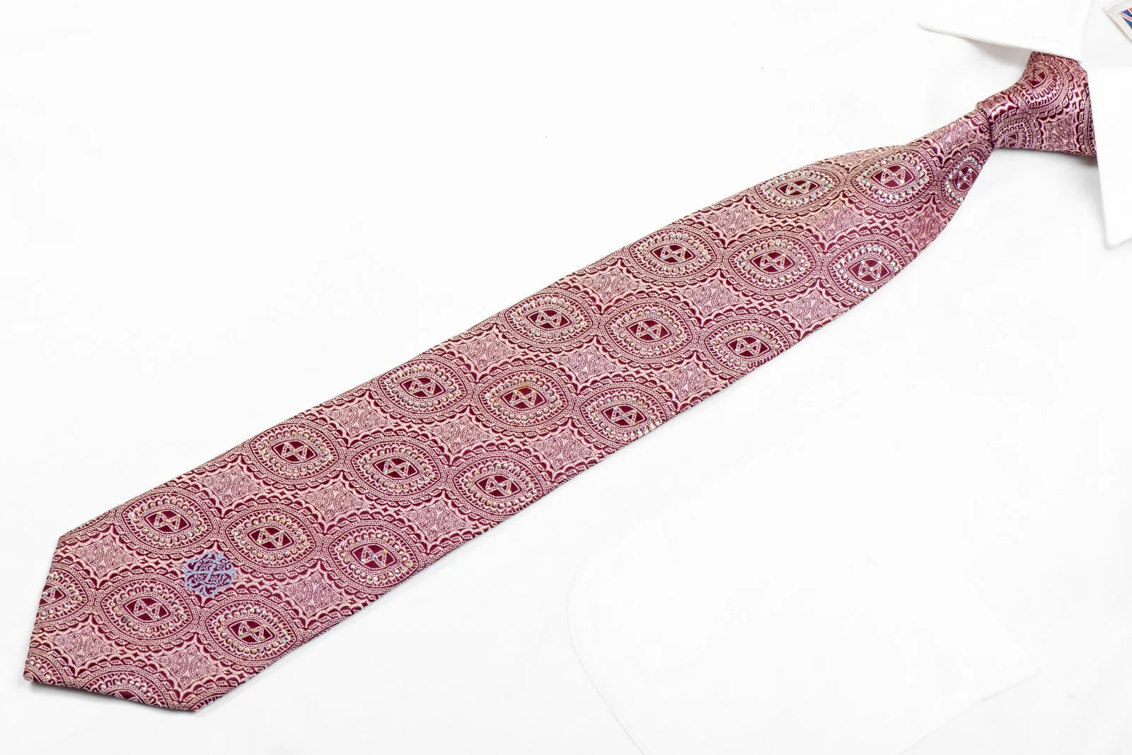 Ornate Pattern On Burgundy Rhinestone Silk Tie