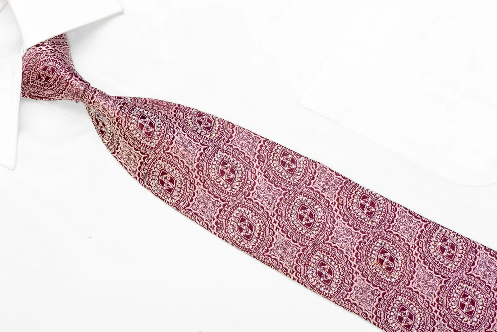 Ornate Pattern On Burgundy Rhinestone Silk Tie