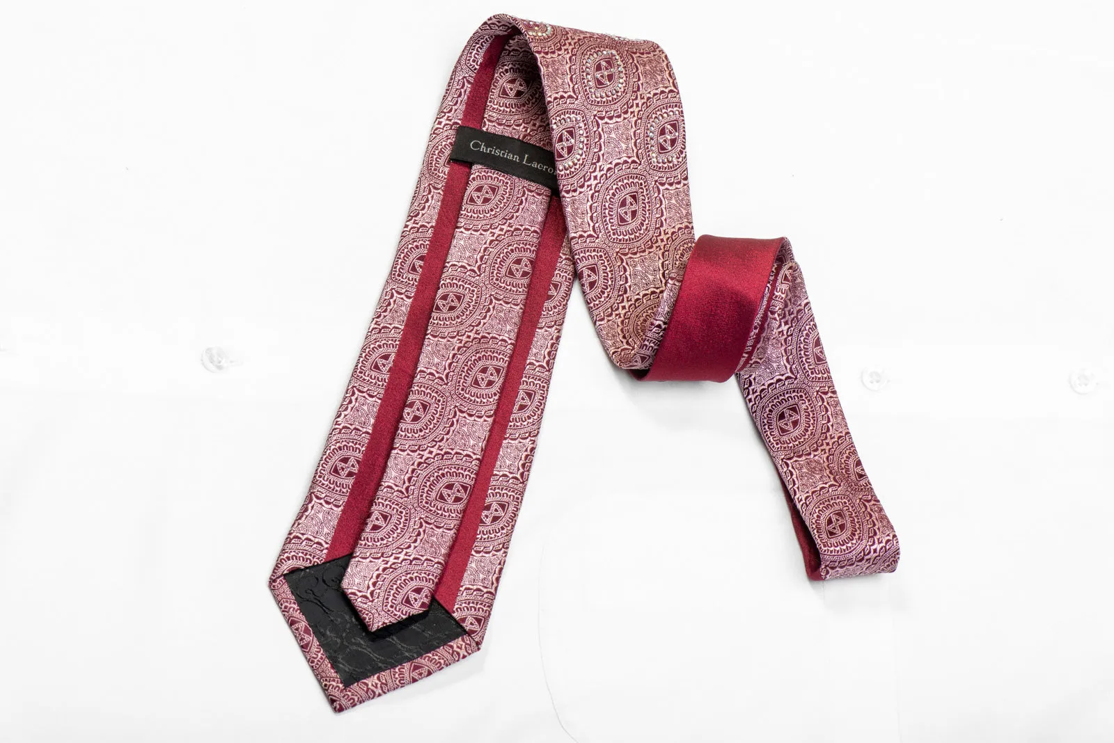 Ornate Pattern On Burgundy Rhinestone Silk Tie
