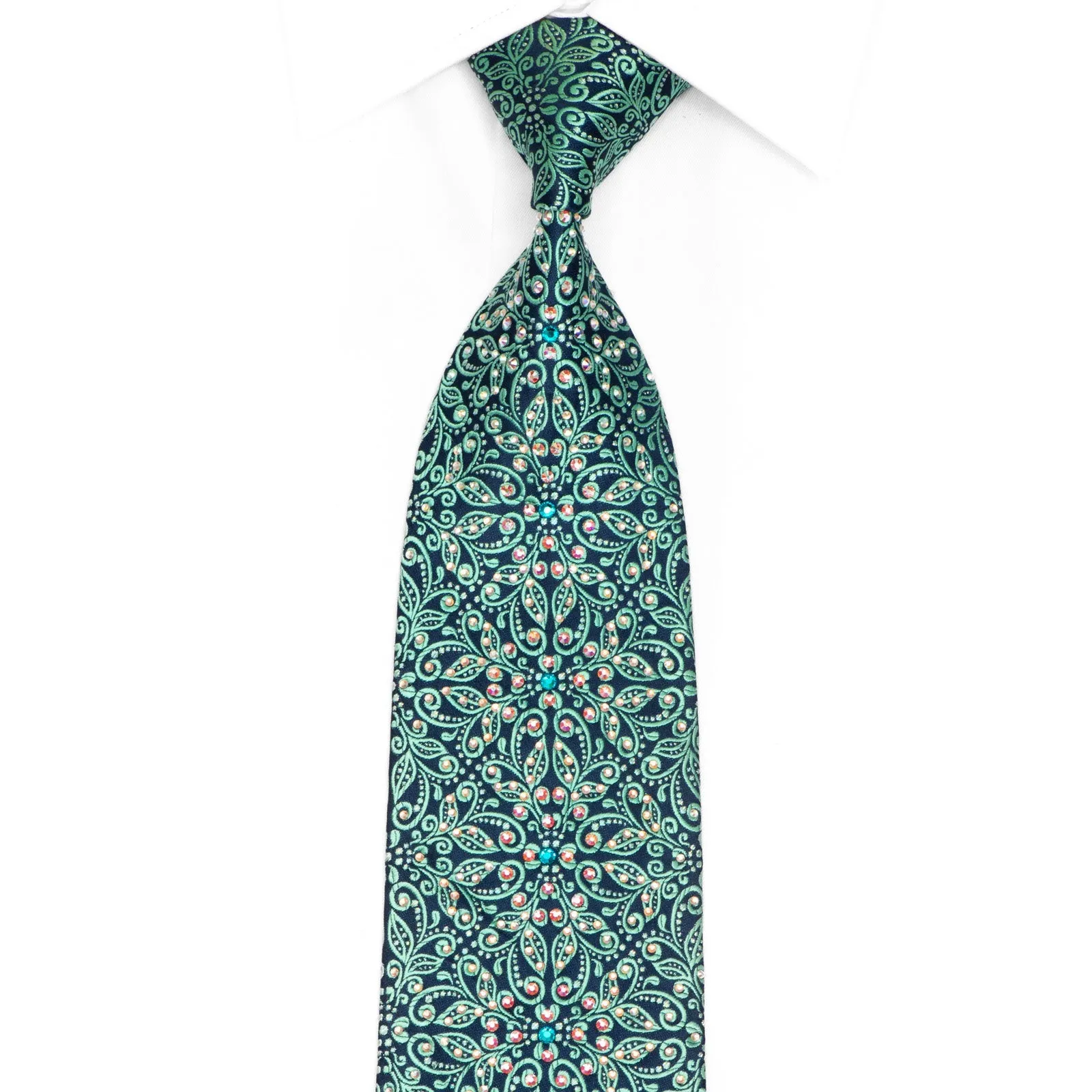 Ornate Turquoise Floral On Blue Rhinestone Silk Necktie With Silver Sparkles