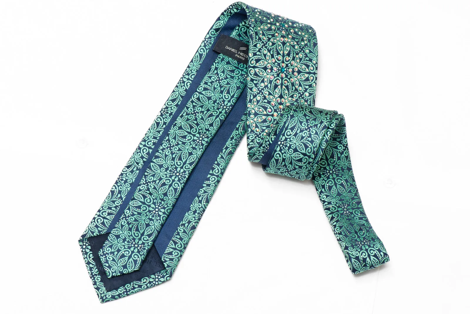Ornate Turquoise Floral On Blue Rhinestone Silk Necktie With Silver Sparkles