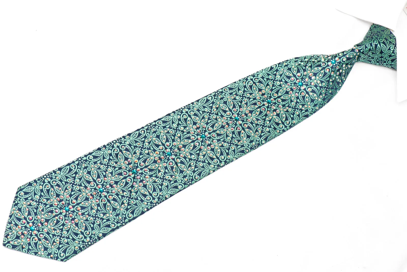 Ornate Turquoise Floral On Blue Rhinestone Silk Necktie With Silver Sparkles
