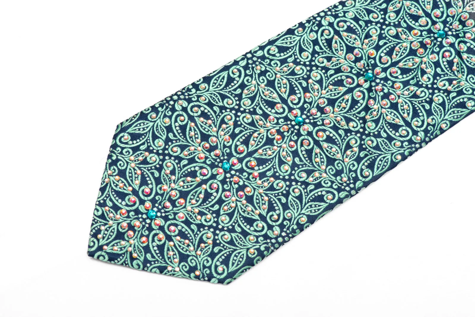 Ornate Turquoise Floral On Blue Rhinestone Silk Necktie With Silver Sparkles