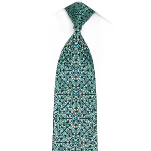 Ornate Turquoise Floral On Blue Rhinestone Silk Necktie With Silver Sparkles