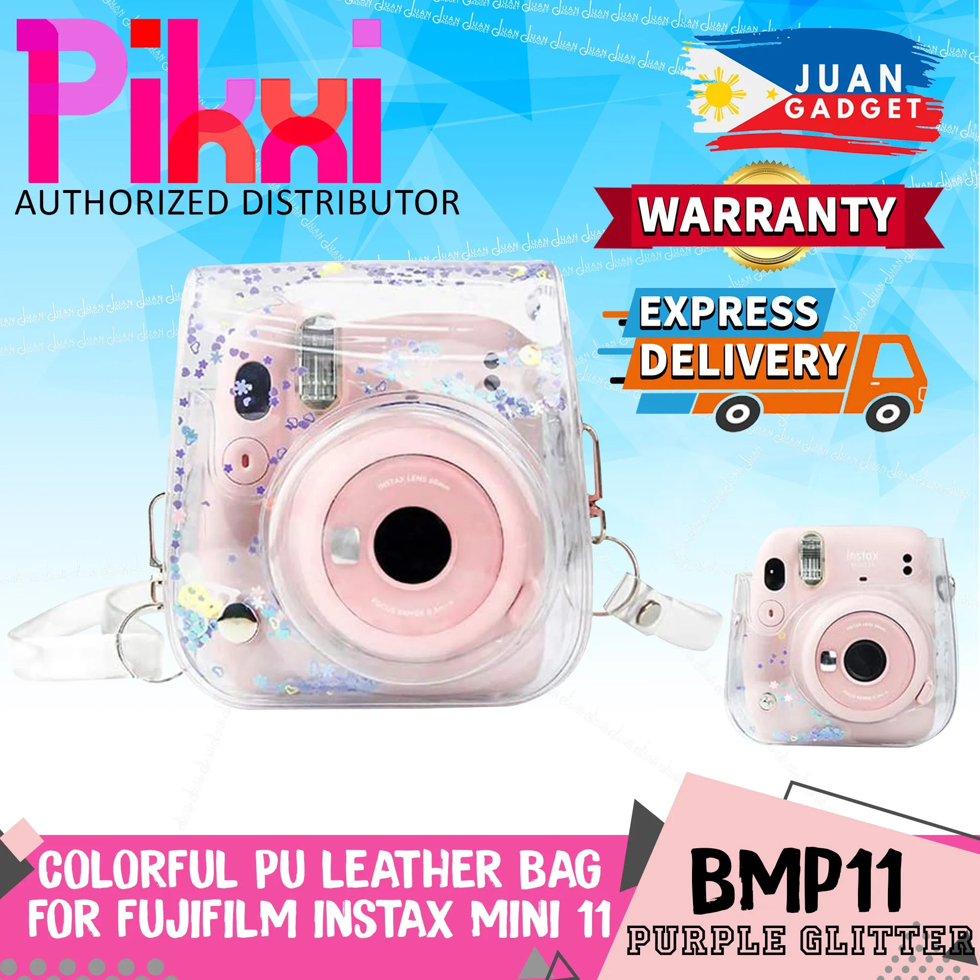 Pikxi BMP11 Fujifilm Instax Mini 11 PU Leather Camera Case Bag with Shoulder Strap Protective Case (Clear Designs)