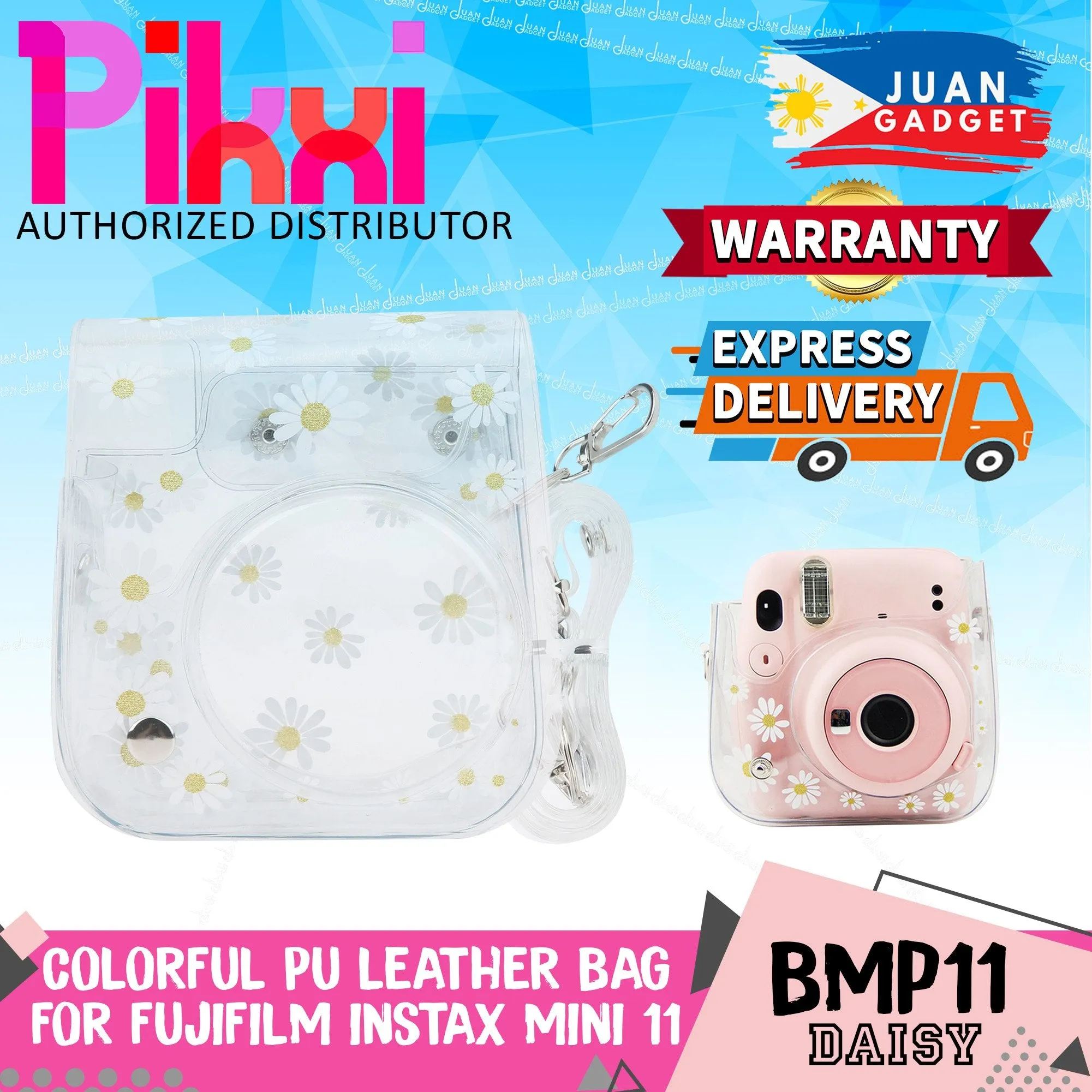 Pikxi BMP11 Fujifilm Instax Mini 11 PU Leather Camera Case Bag with Shoulder Strap Protective Case (Clear Designs)