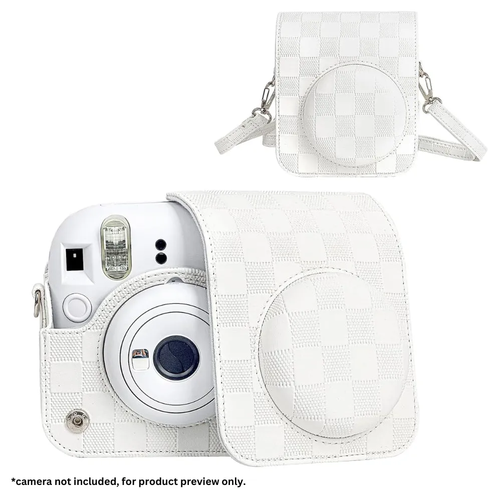 Pikxi Checkerboard Style Instant Camera Bag for FUJIFILM Instax Mini 12 Film Cameras with Shoulder Strap with Detachable Front Case Cover - Available in Black, White, Lilac Purple, Mint Green and Pink Color