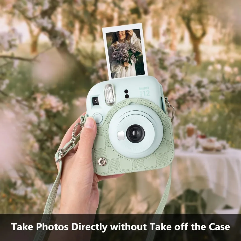 Pikxi Checkerboard Style Instant Camera Bag for FUJIFILM Instax Mini 12 Film Cameras with Shoulder Strap with Detachable Front Case Cover - Available in Black, White, Lilac Purple, Mint Green and Pink Color