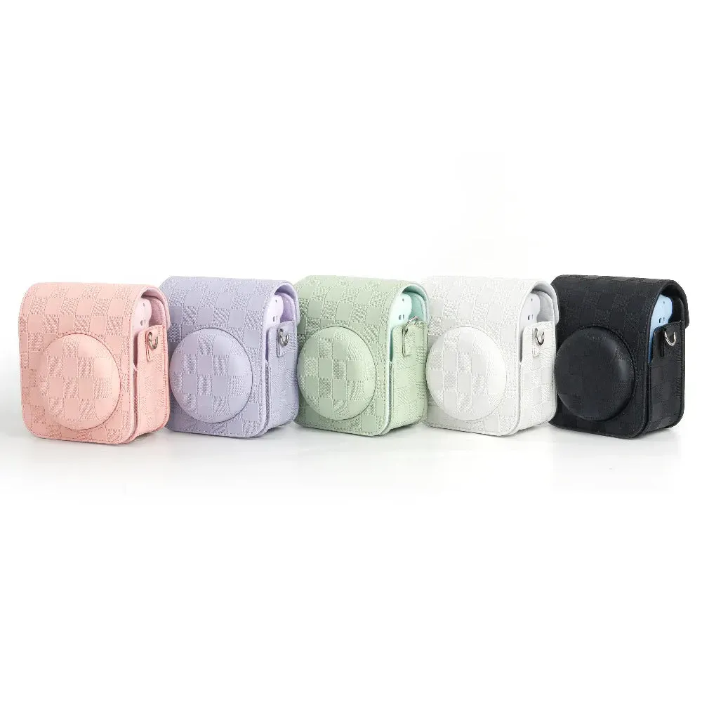 Pikxi Checkerboard Style Instant Camera Bag for FUJIFILM Instax Mini 12 Film Cameras with Shoulder Strap with Detachable Front Case Cover - Available in Black, White, Lilac Purple, Mint Green and Pink Color