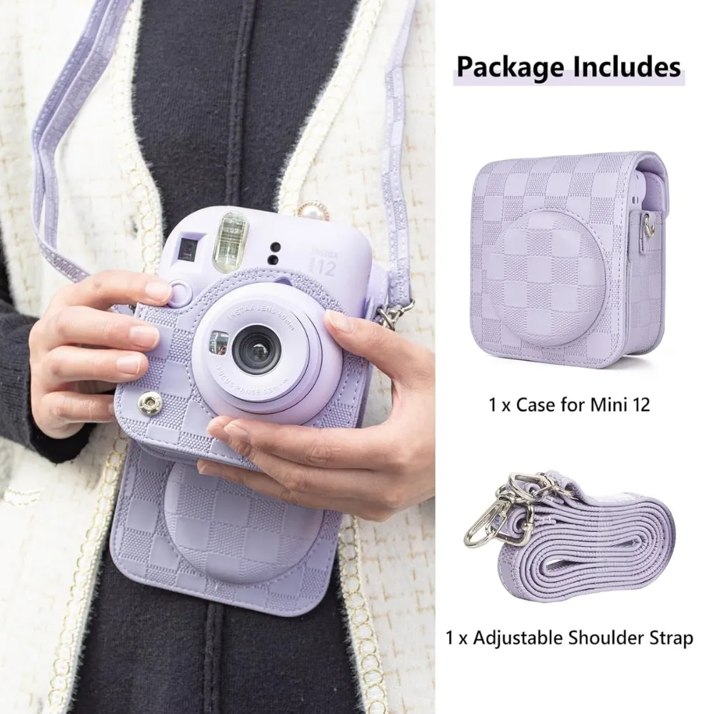 Pikxi Checkerboard Style Instant Camera Bag for FUJIFILM Instax Mini 12 Film Cameras with Shoulder Strap with Detachable Front Case Cover - Available in Black, White, Lilac Purple, Mint Green and Pink Color