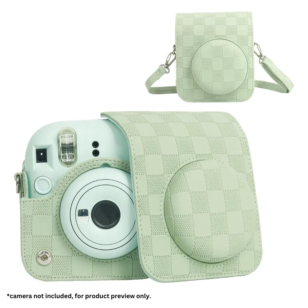 Pikxi Checkerboard Style Instant Camera Bag for FUJIFILM Instax Mini 12 Film Cameras with Shoulder Strap with Detachable Front Case Cover - Available in Black, White, Lilac Purple, Mint Green and Pink Color