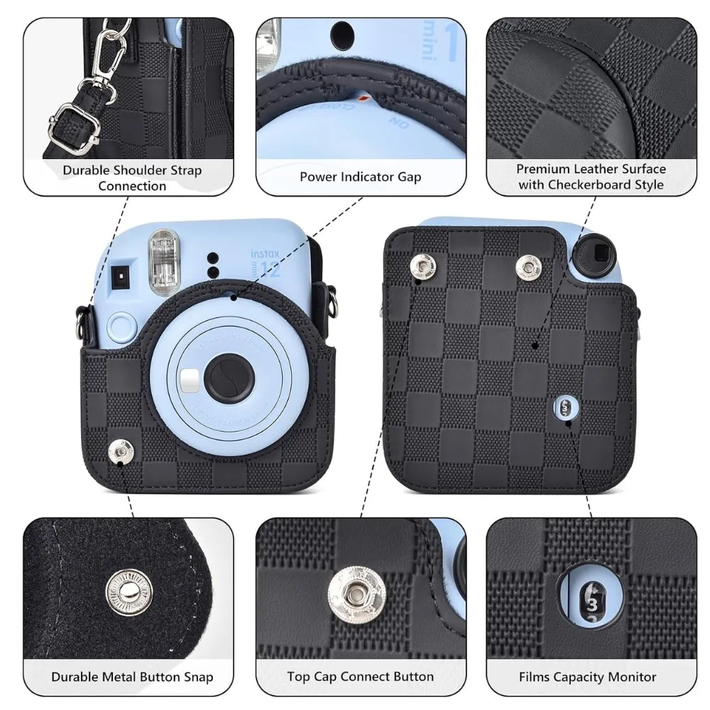 Pikxi Checkerboard Style Instant Camera Bag for FUJIFILM Instax Mini 12 Film Cameras with Shoulder Strap with Detachable Front Case Cover - Available in Black, White, Lilac Purple, Mint Green and Pink Color