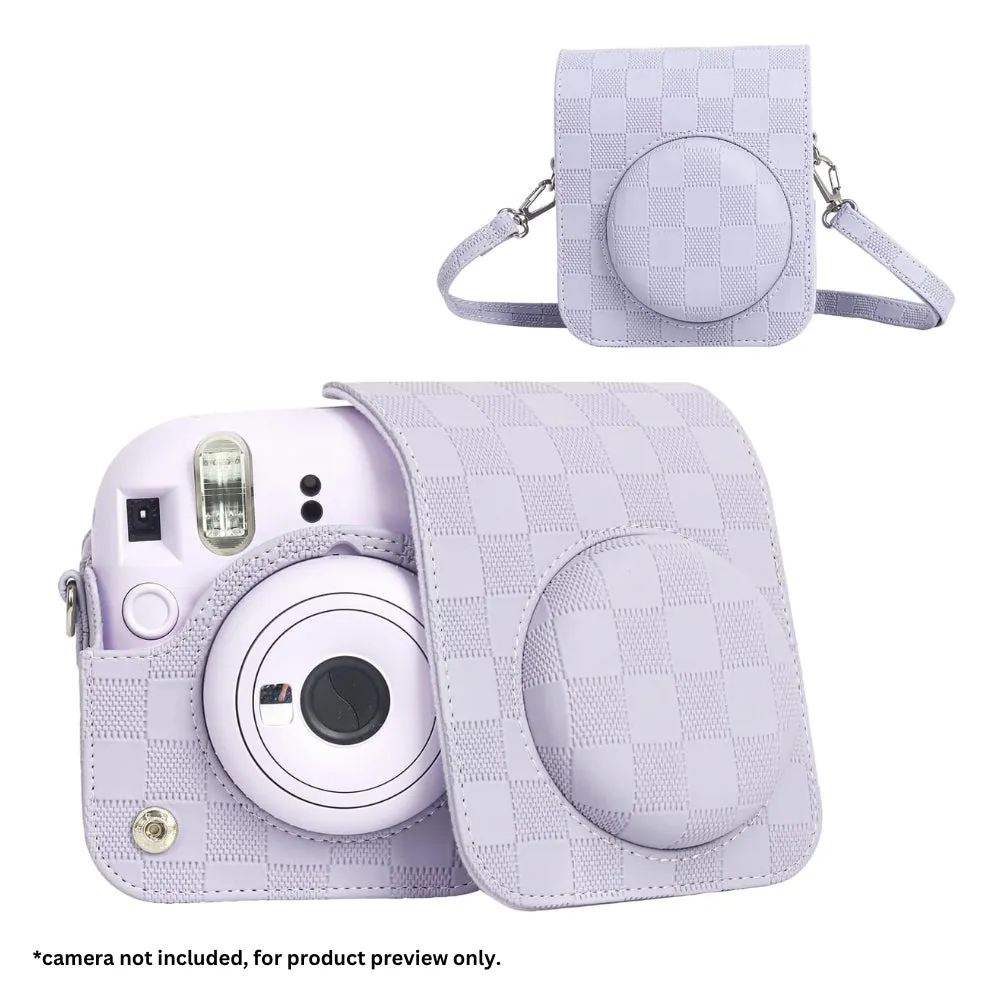 Pikxi Checkerboard Style Instant Camera Bag for FUJIFILM Instax Mini 12 Film Cameras with Shoulder Strap with Detachable Front Case Cover - Available in Black, White, Lilac Purple, Mint Green and Pink Color