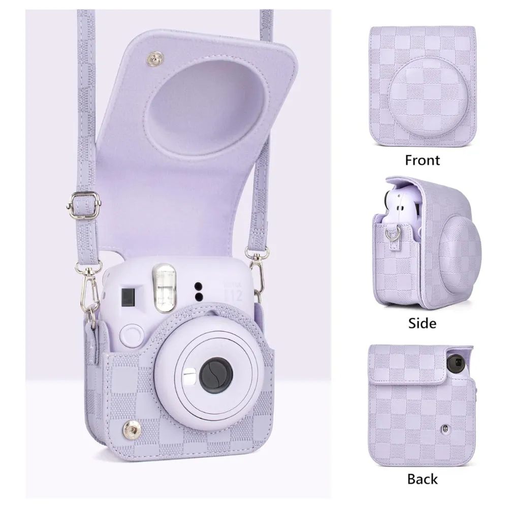Pikxi Checkerboard Style Instant Camera Bag for FUJIFILM Instax Mini 12 Film Cameras with Shoulder Strap with Detachable Front Case Cover - Available in Black, White, Lilac Purple, Mint Green and Pink Color