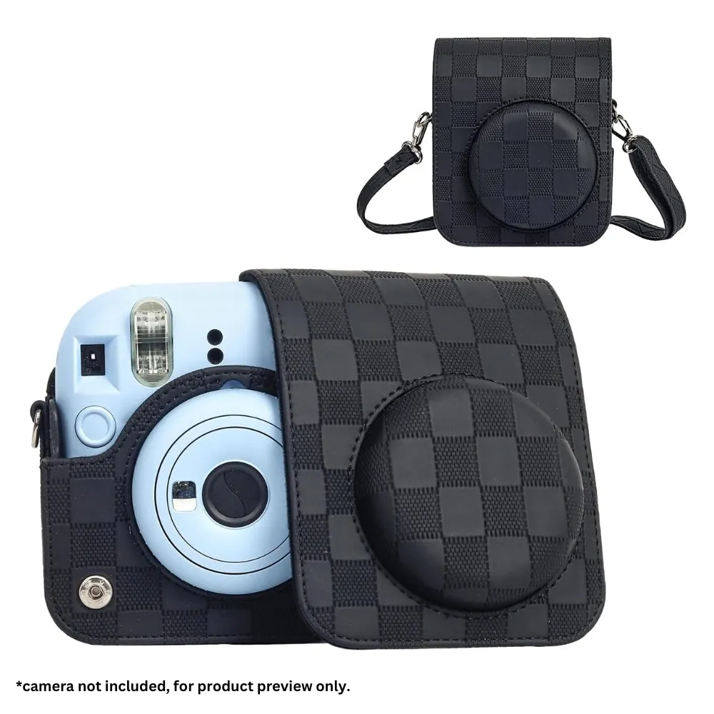Pikxi Checkerboard Style Instant Camera Bag for FUJIFILM Instax Mini 12 Film Cameras with Shoulder Strap with Detachable Front Case Cover - Available in Black, White, Lilac Purple, Mint Green and Pink Color