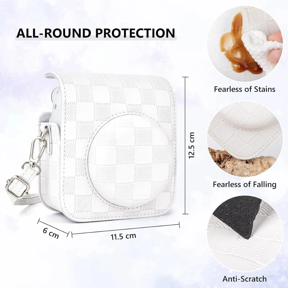 Pikxi Checkerboard Style Instant Camera Bag for FUJIFILM Instax Mini 12 Film Cameras with Shoulder Strap with Detachable Front Case Cover - Available in Black, White, Lilac Purple, Mint Green and Pink Color