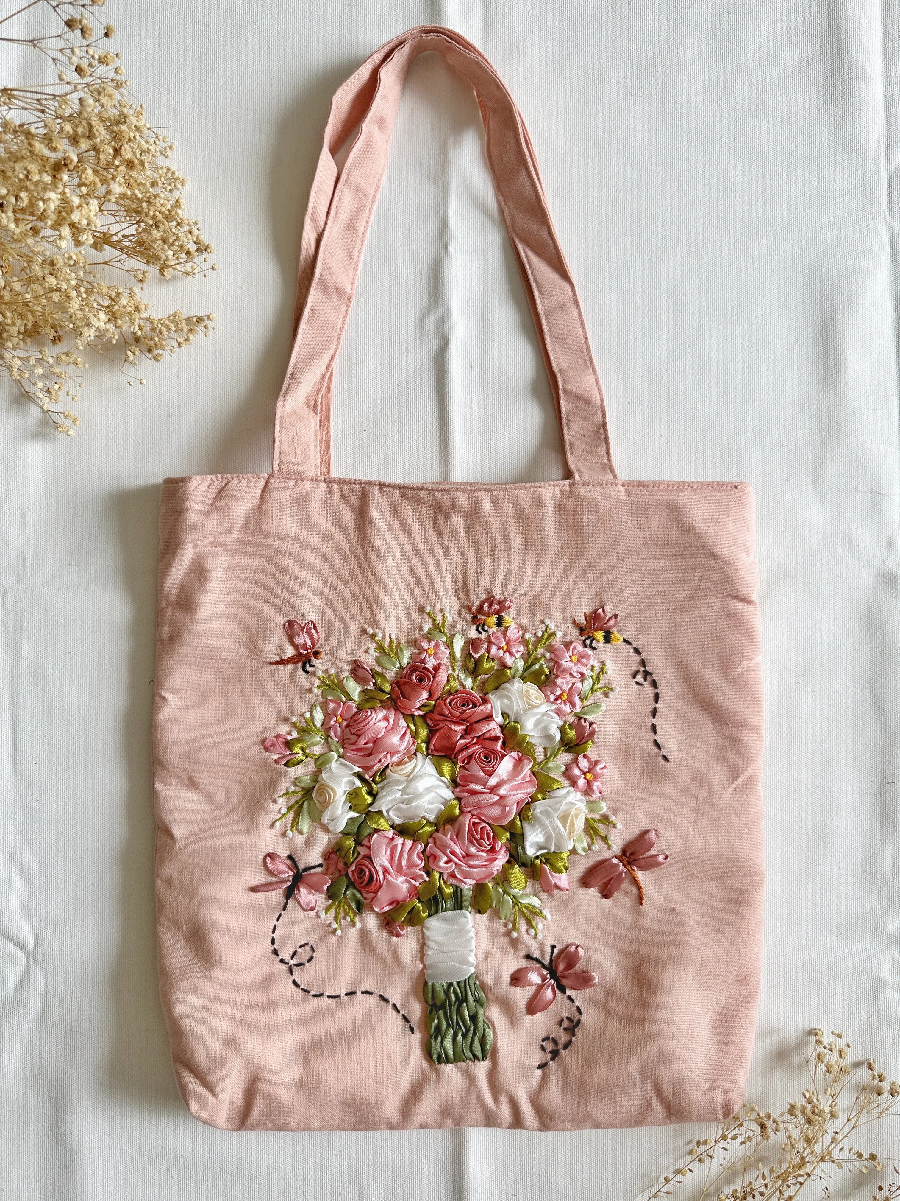 Pink Linen Bag With Flower Bouquet Ribbon Embroidery
