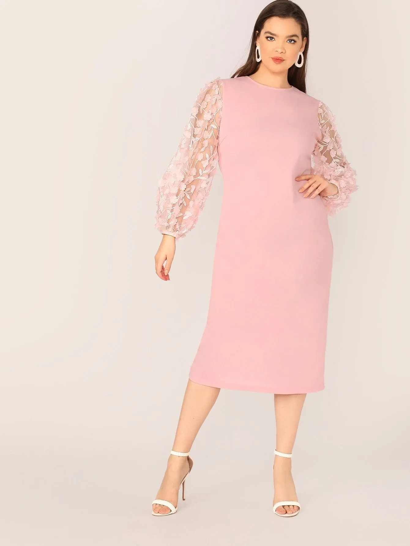 Plus 3D Appliques Mesh Sleeve Pencil Dress