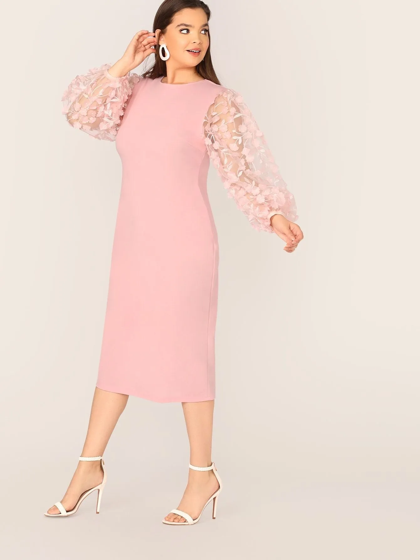 Plus 3D Appliques Mesh Sleeve Pencil Dress