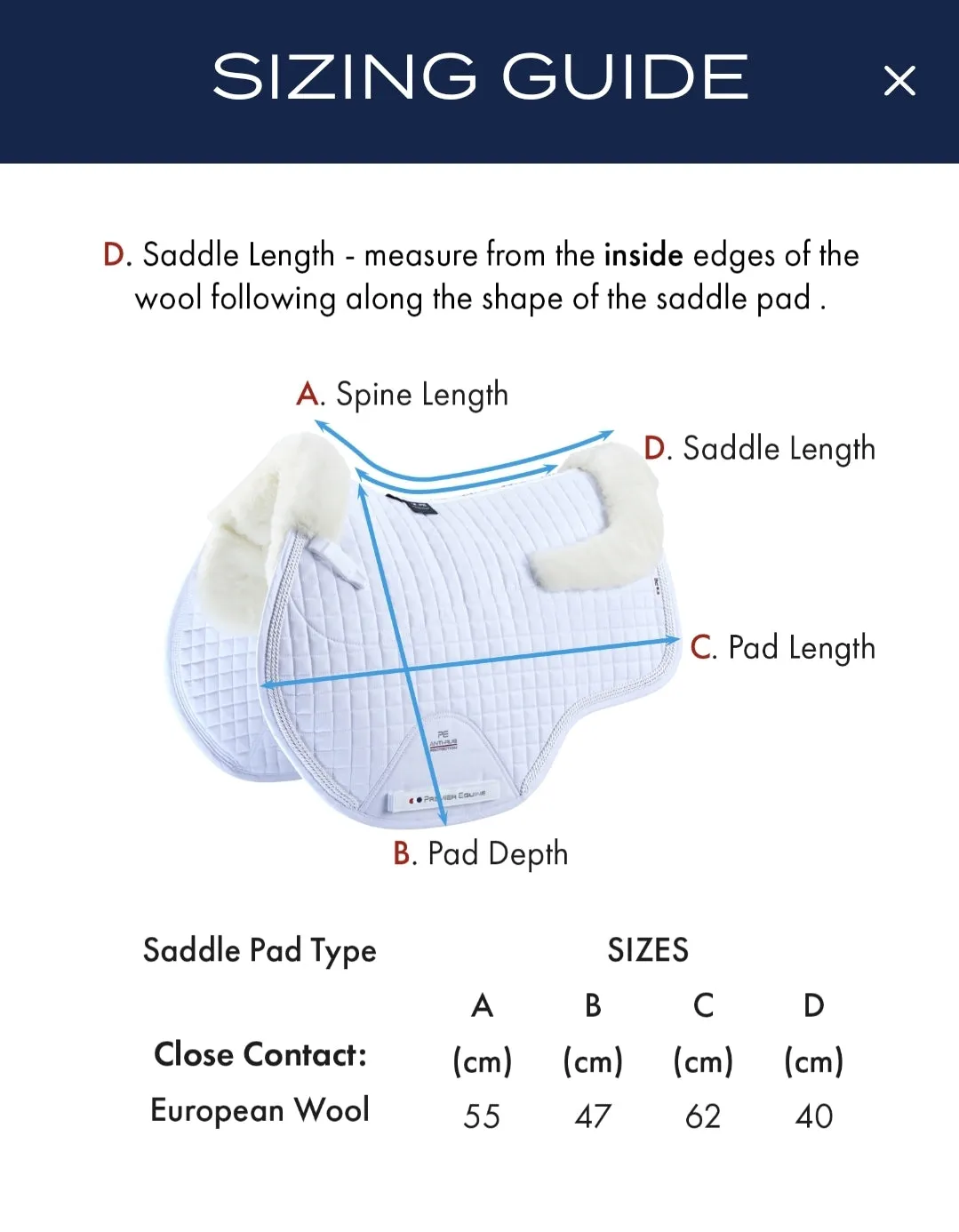 Premier Equine Close Contact Merino Wool European Saddle Pad - GP/Jump Square - pony size