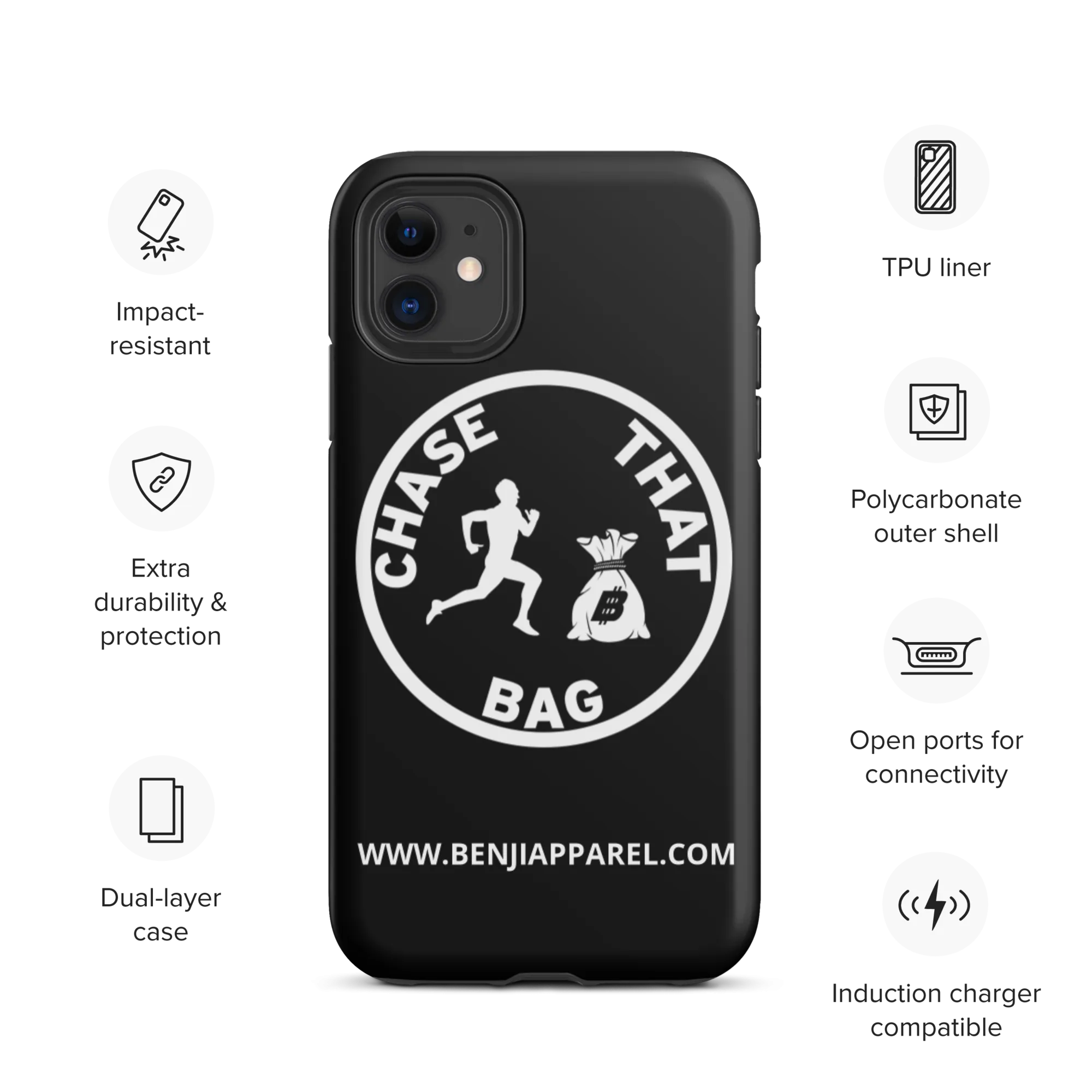 "Chase that bag" Black (White logo) Hard/Tough iPhone case