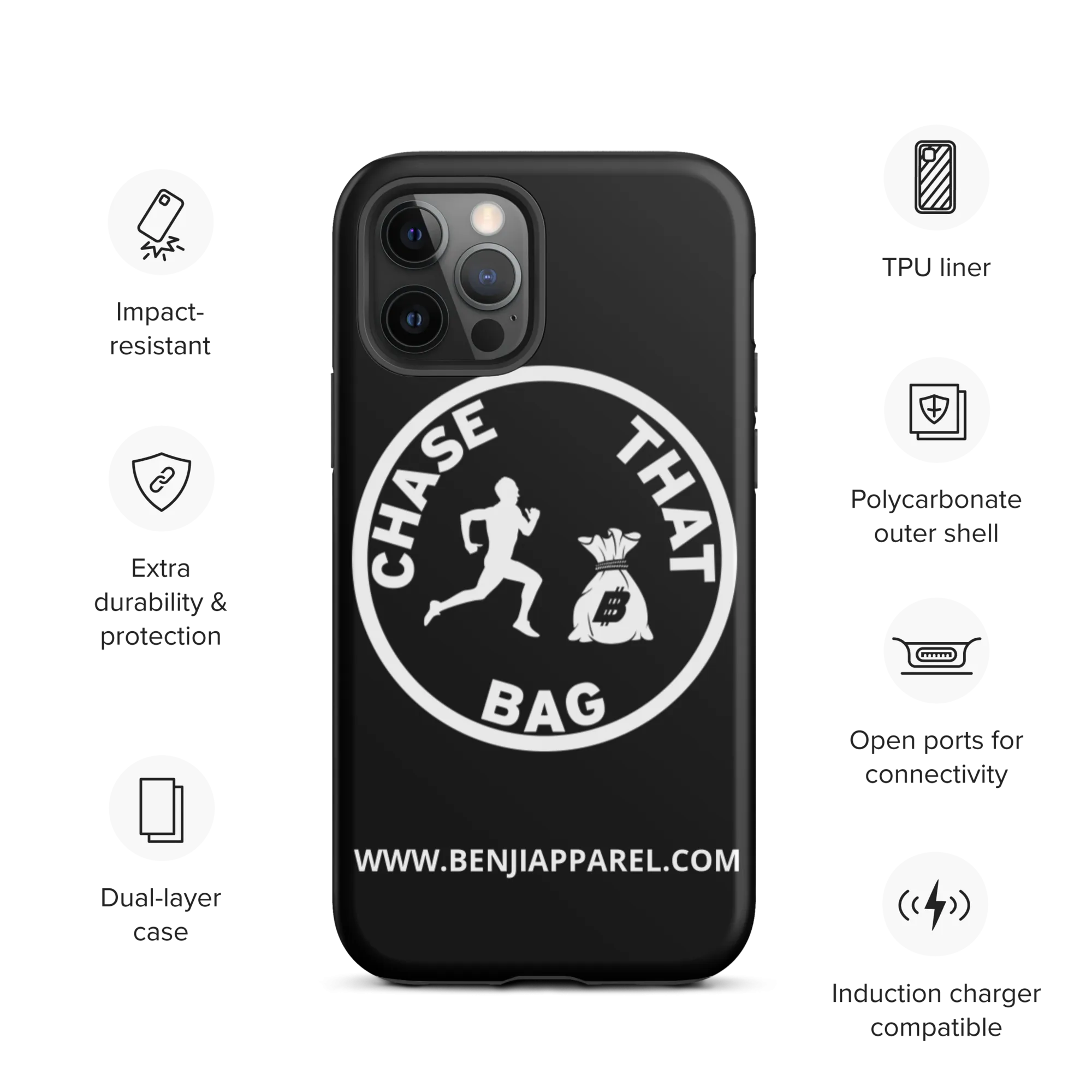 "Chase that bag" Black (White logo) Hard/Tough iPhone case