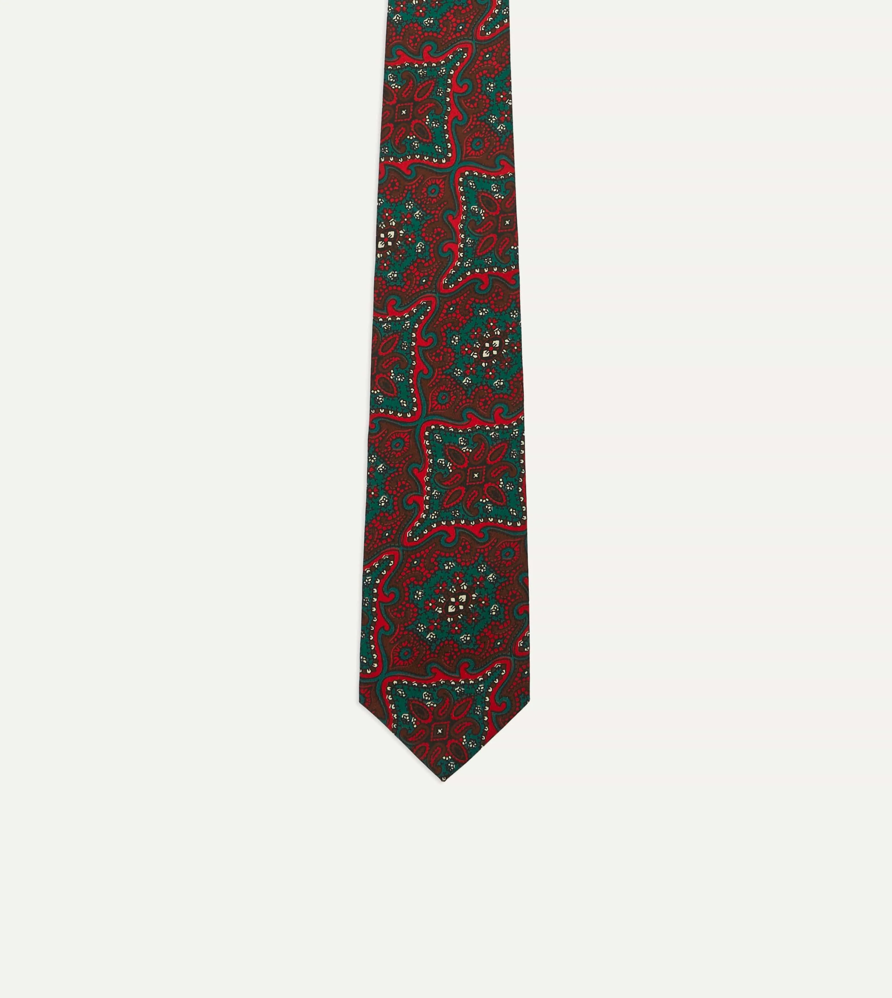 Red and Green Baroque Print Silk Self Tipped Tie