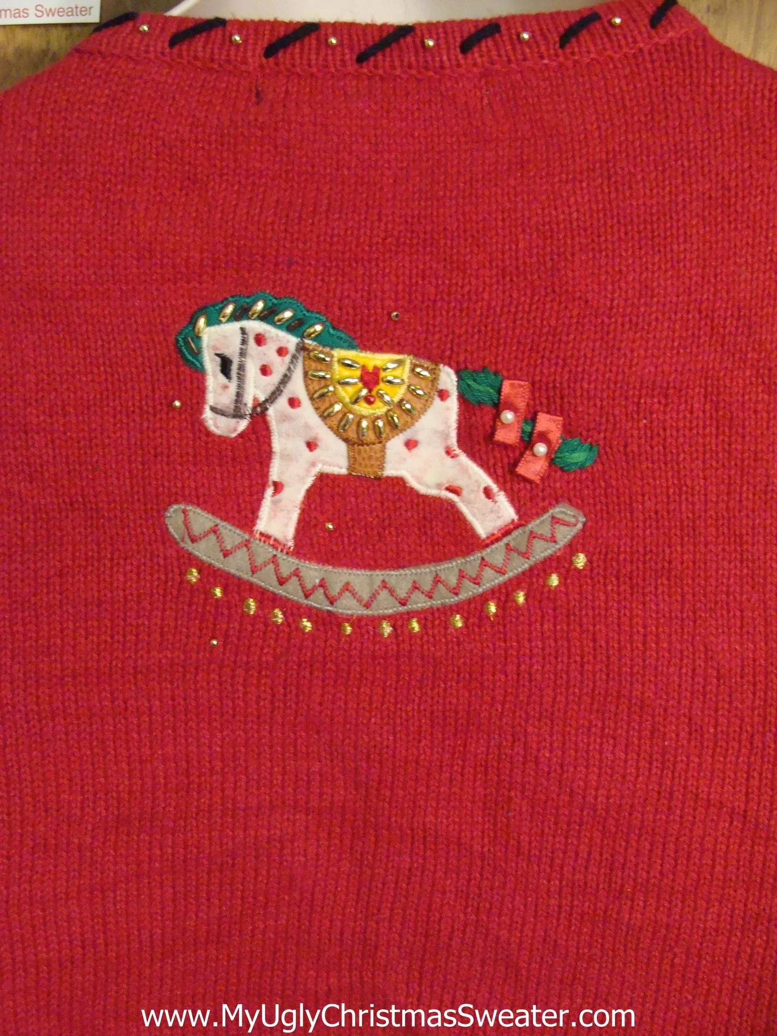 Red Ornate Ugly Christmas Sweater Vest with Rocking Horse