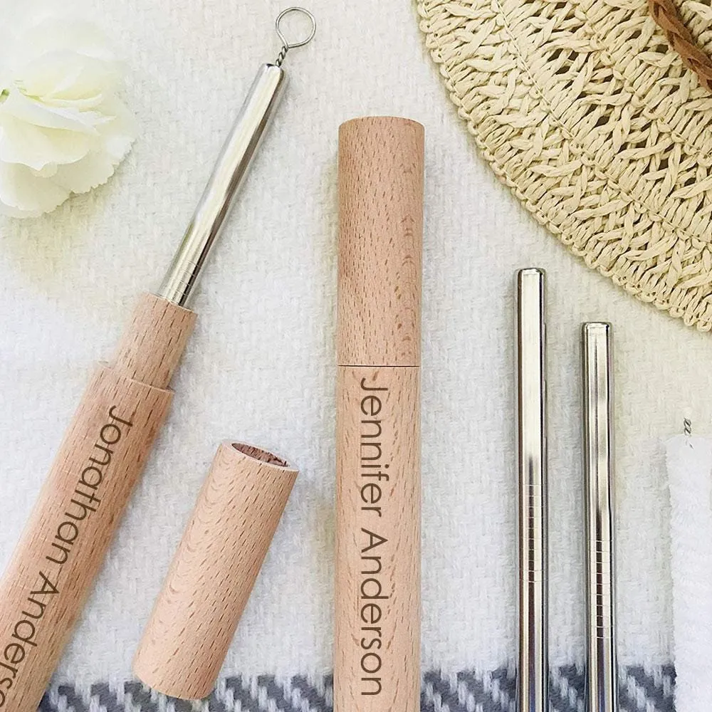 Reusable Stainless Steel Set of Drinking Straws w/ Personalized Wooden Case