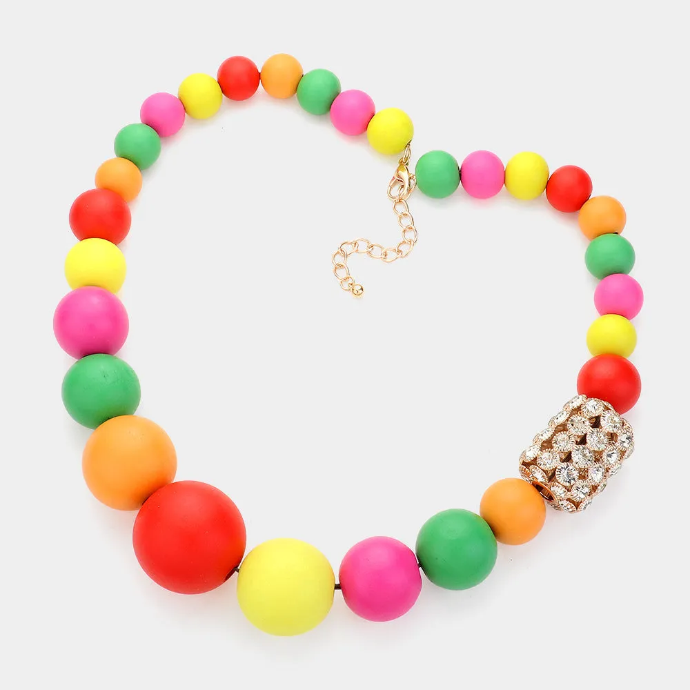 Rhinestone Cluster Pointed Oversized Wood Ball Statement Necklace and Earring Set