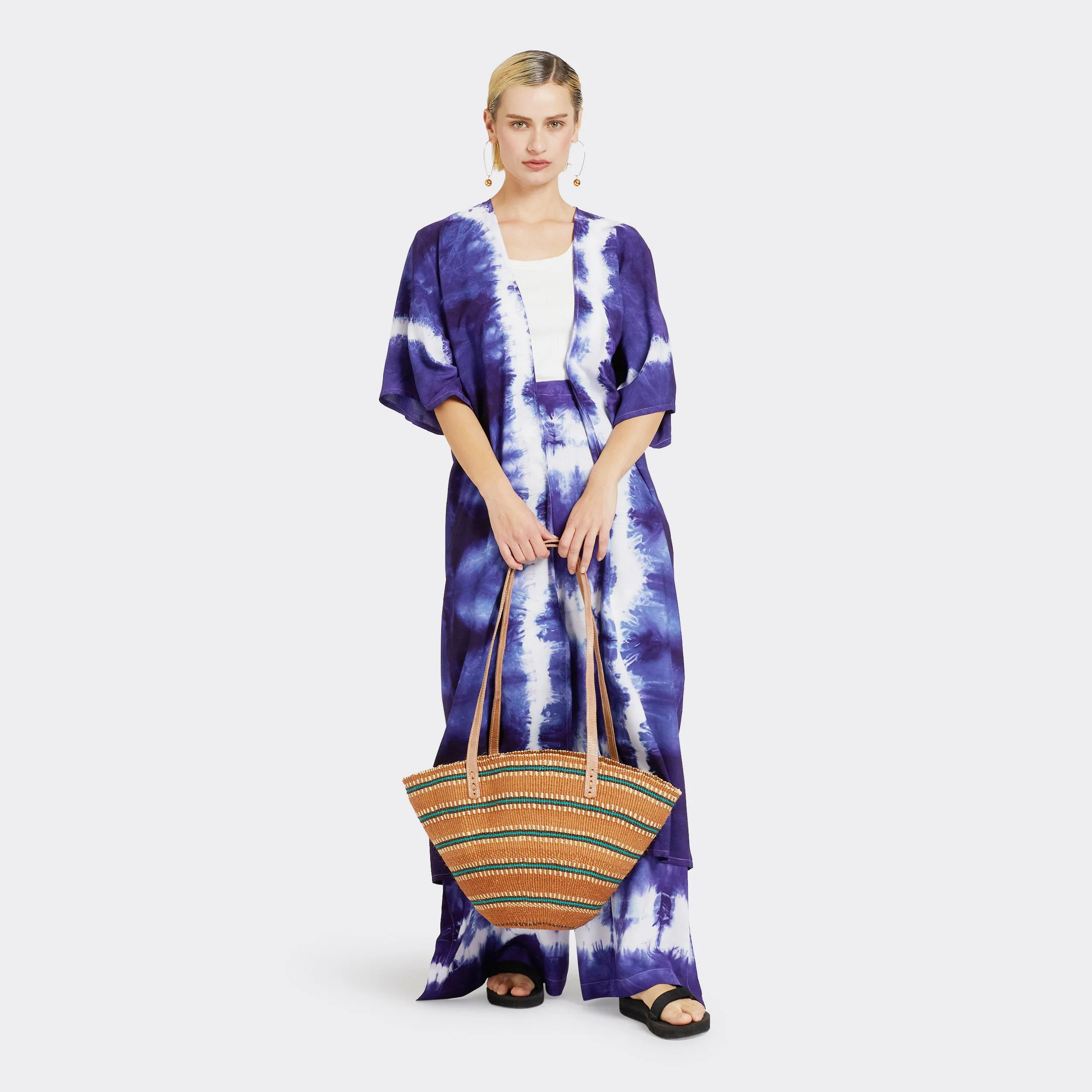 Shopping Bag in Sisal Turquoise Stripes