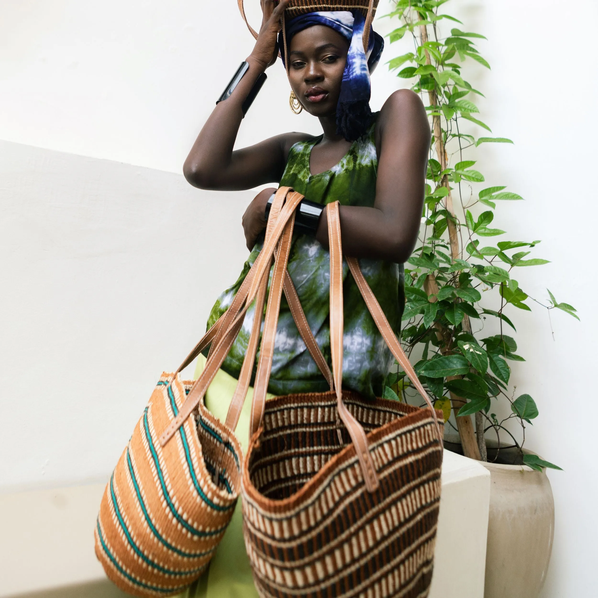 Shopping Bag in Sisal Turquoise Stripes