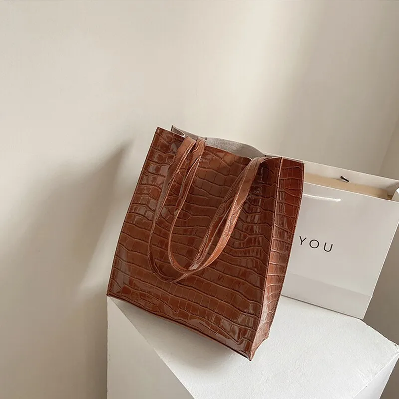 Shopping Bags Women Large Capacity Totes Female PU Leather Fashion Shoulder Bags Shopper Travel Retro Stone Pattern Design Purse