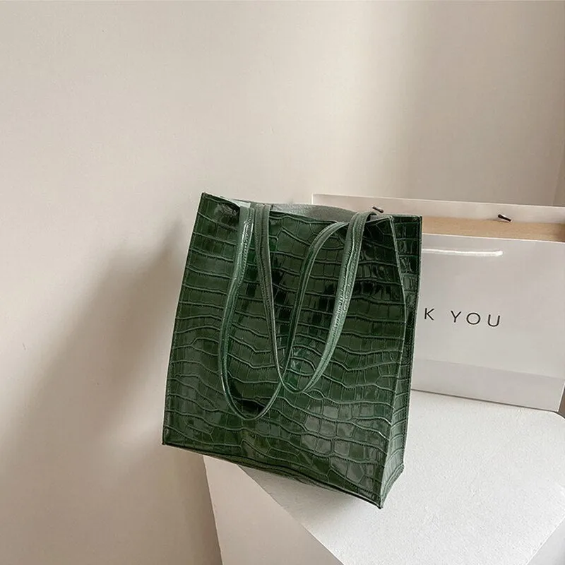 Shopping Bags Women Large Capacity Totes Female PU Leather Fashion Shoulder Bags Shopper Travel Retro Stone Pattern Design Purse