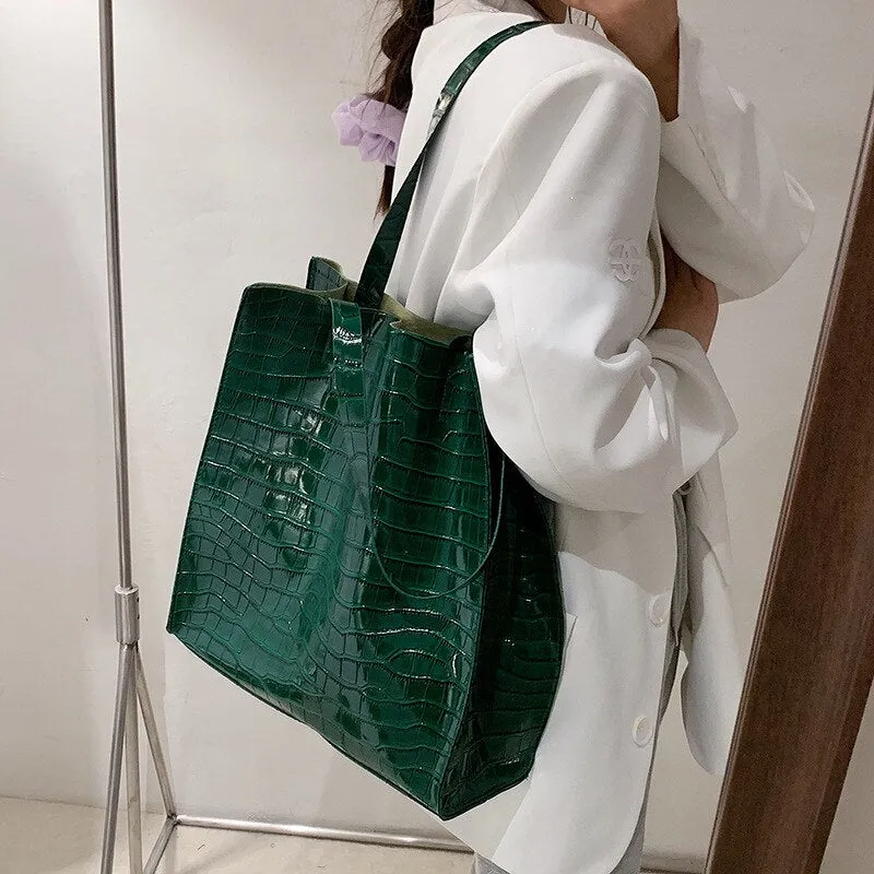 Shopping Bags Women Large Capacity Totes Female PU Leather Fashion Shoulder Bags Shopper Travel Retro Stone Pattern Design Purse