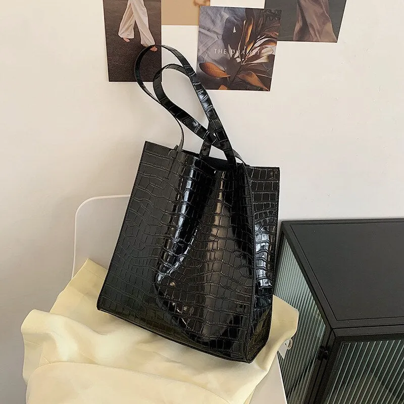 Shopping Bags Women Large Capacity Totes Female PU Leather Fashion Shoulder Bags Shopper Travel Retro Stone Pattern Design Purse