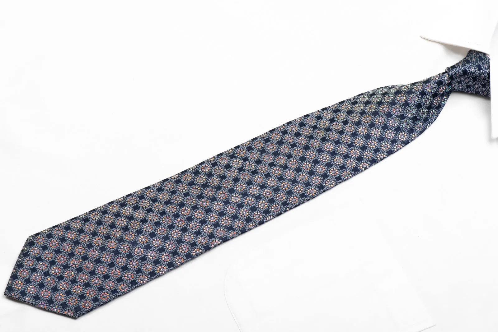 Sparkling Rhinestone Silk Necktie Silver Ornate On Navy With Sparkles